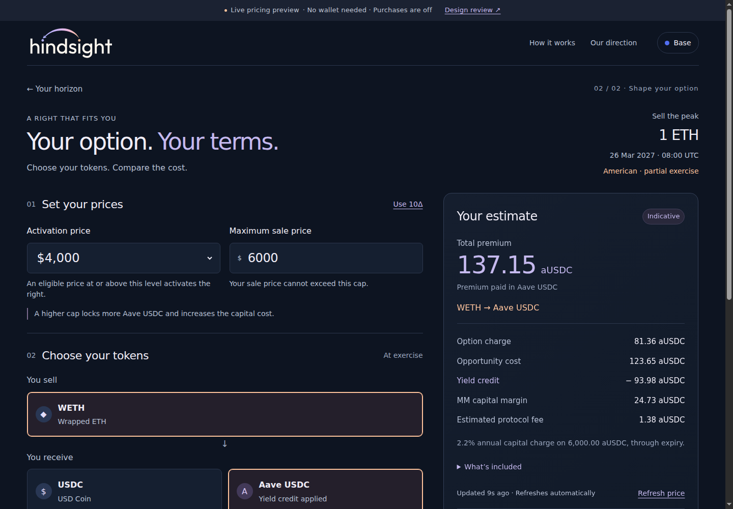 Implemented desktop preview with larger labels, WETH exercise payment and an Aave USDC estimate